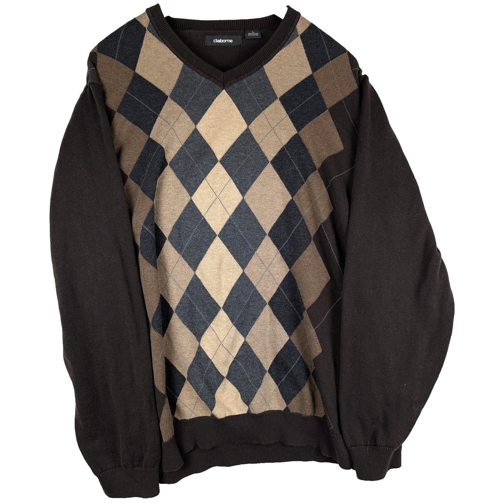 VTG Liz Claiborne Brown Argyle Preppy Academy Cotton Knit Sweater Sz L Gradient